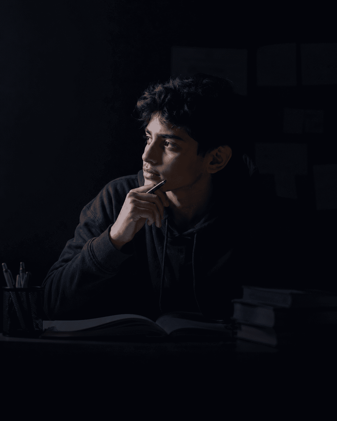 A student pausing mid-thought over an open notebook, pen held to his chin