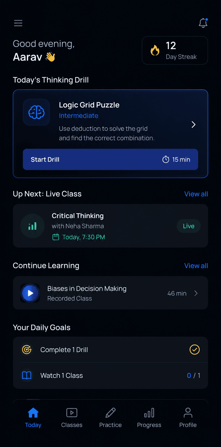 The EdVixo app Today screen — today's thinking drill, a 12-day streak, the next live class and daily goals
