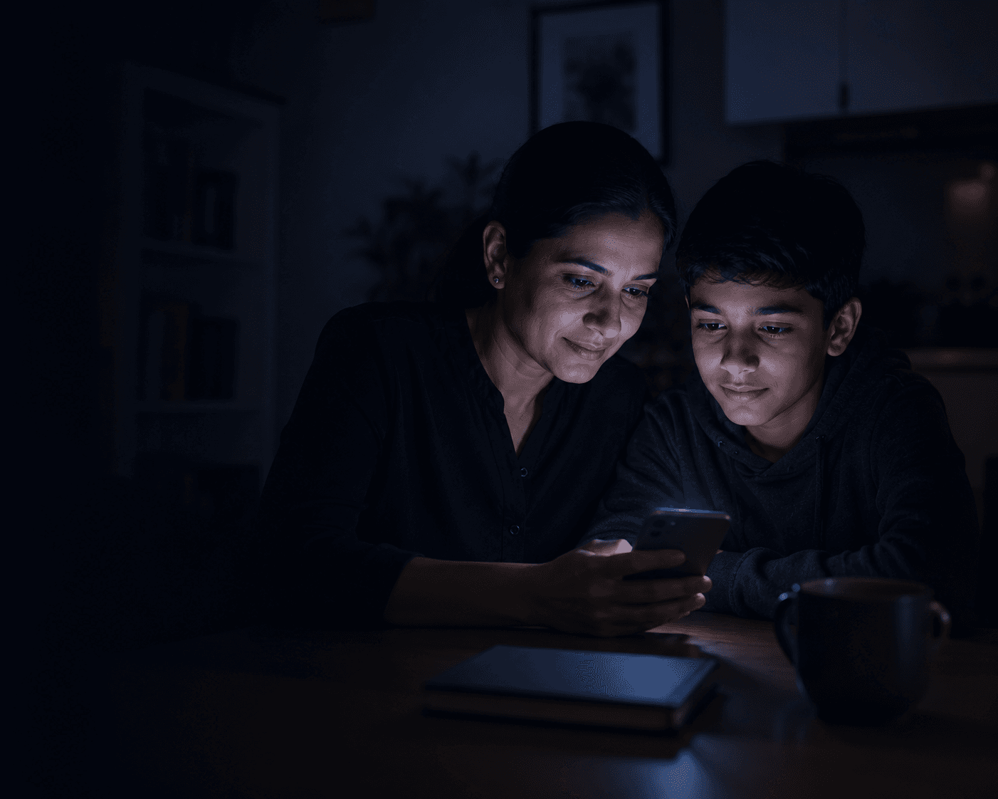 A parent and child at a table at night, both looking at the EdVixo app on a phone that lights their faces